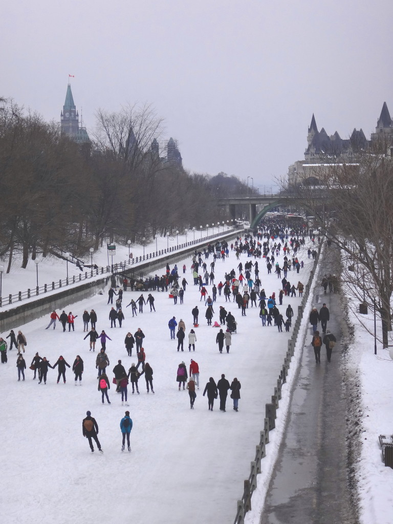 A crowd of skaters on the Rideau Canal, photographed from the Corkstown Bridge