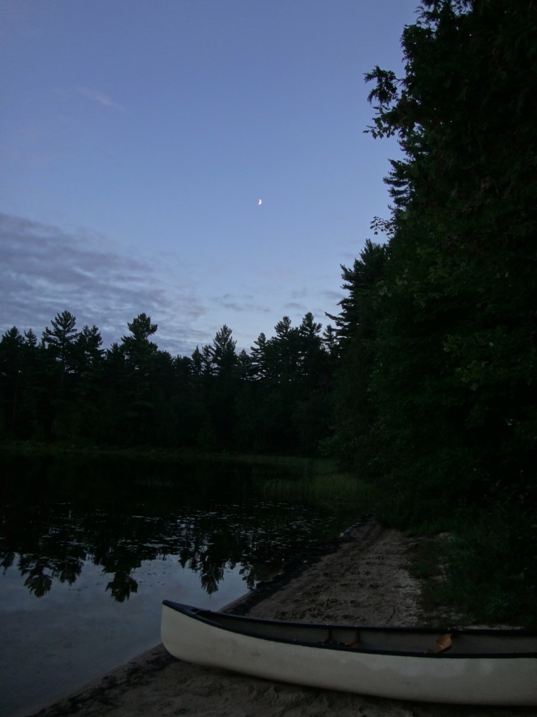 A crescent moon looks down from a deep blue twilight sky on band of dark trees and white canoe beside a still lake.