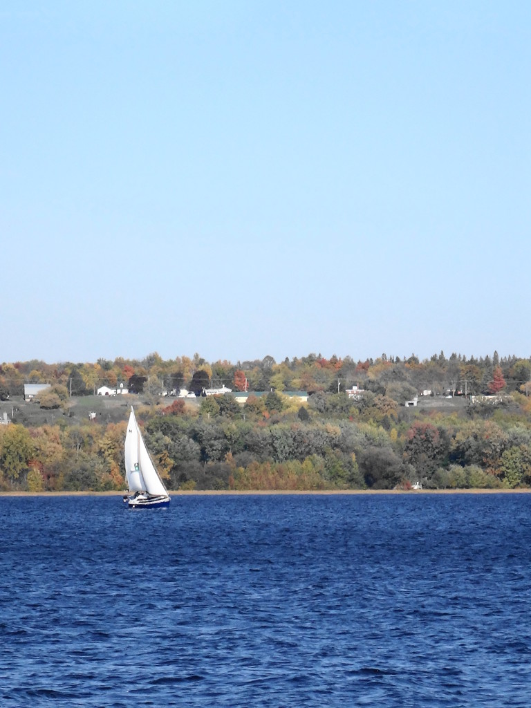 A sailboat tacks into a stiff breeze off Sheila McKee Park, with the Quebec shoreline in the background.