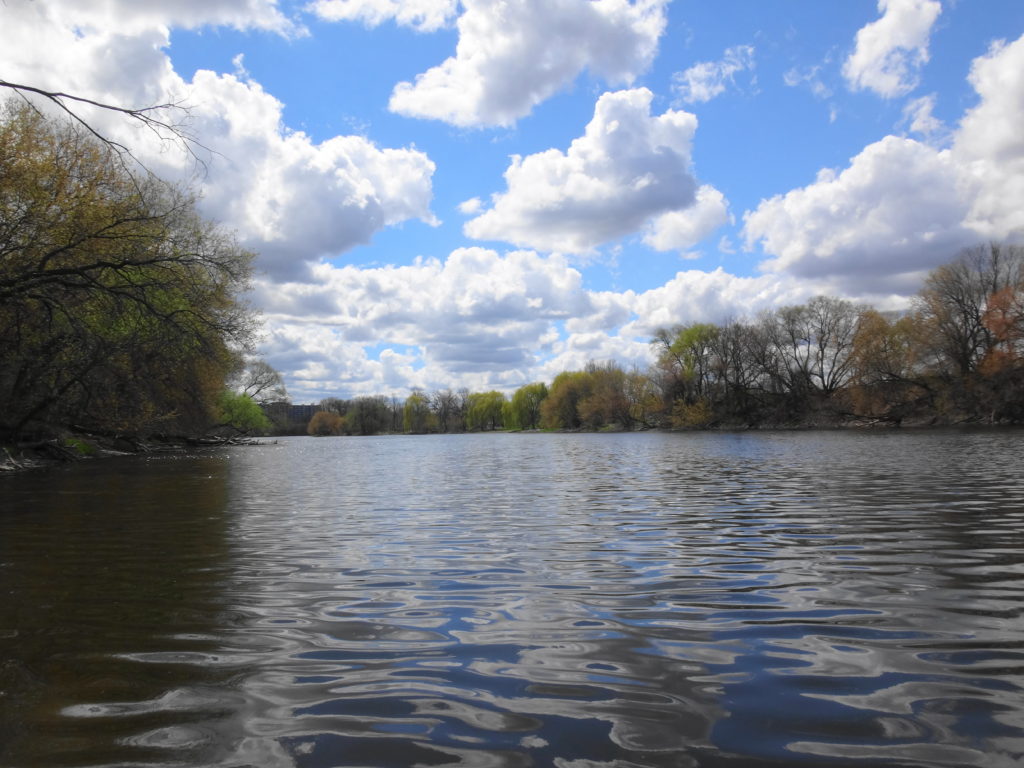 The Rideau River looks placid under a blue sky sprinkled with fair-weather cumulus clouds.