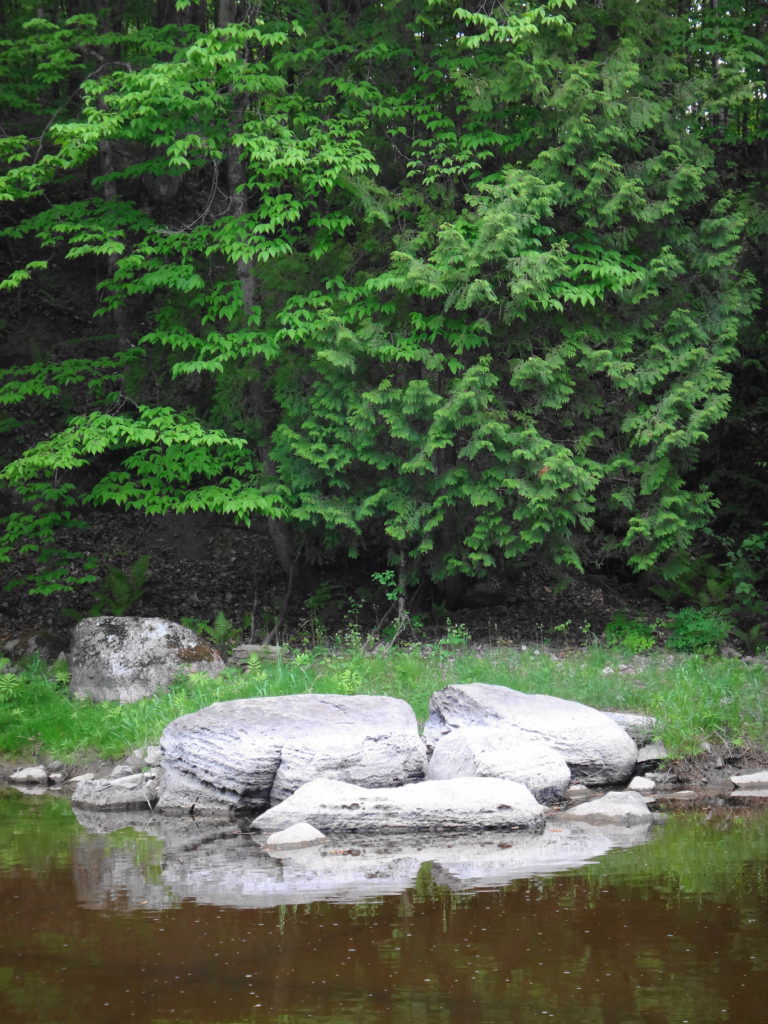 White boulders lie on the south shoreline of the Jock River, against a emerald background of trees.
