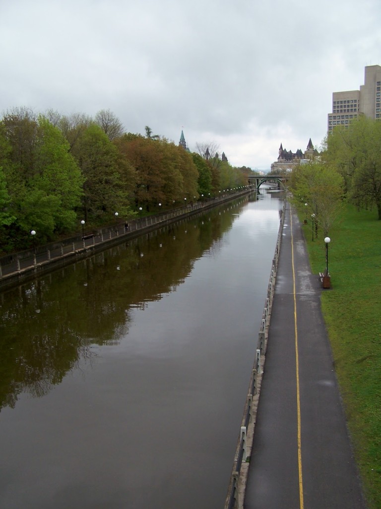 A view of the Rideau Canal from the Corkstown Bridge, looking north to the Chateau Laurier and Parliament