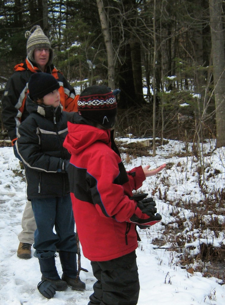 Two boys hold out seeds for chickadees in the Marlborough Forest.